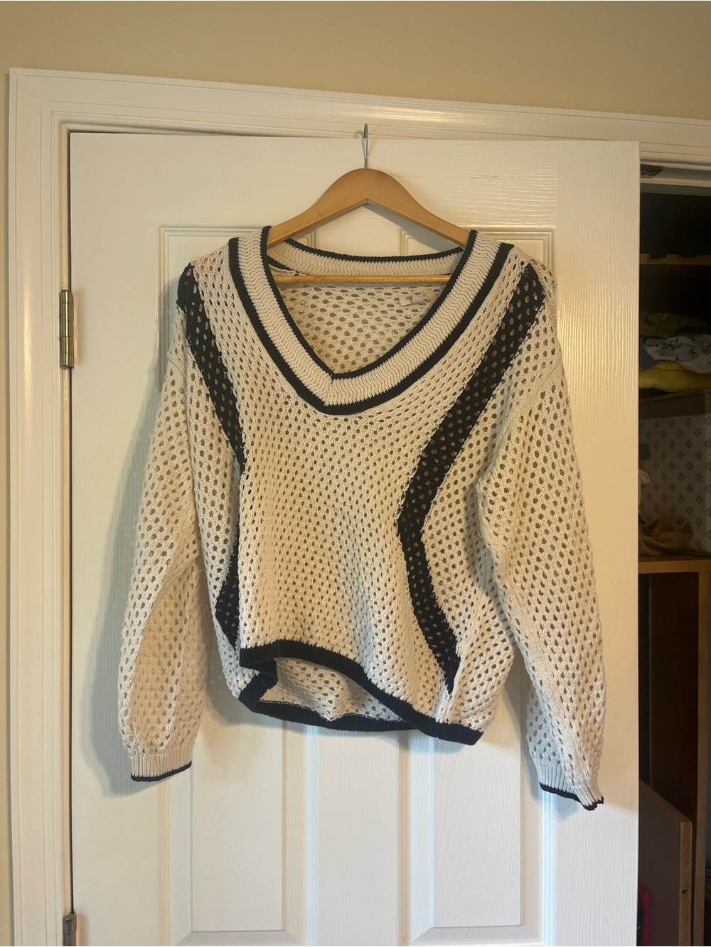 Pilcro Cream Open-Knit V-Neck Sweater with Black Trim
